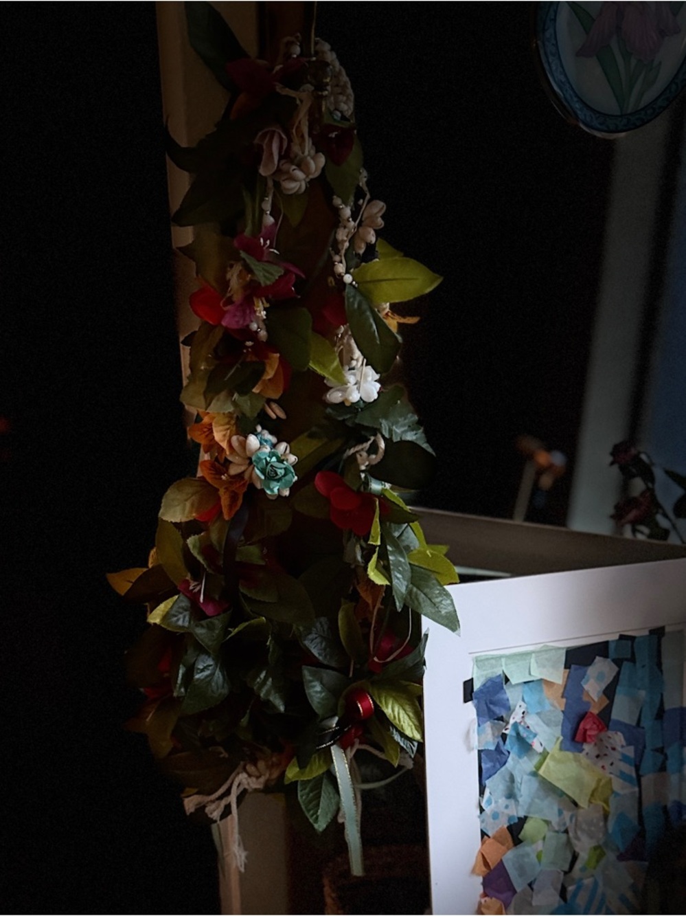 Handcrafted  Floral lei - Green and Red